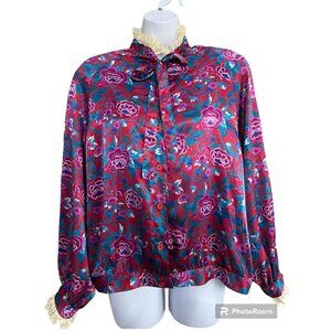 Vintage 80s Halston llI Button Front Top  Sz 12 Floral Victorian High Lace Neck‎